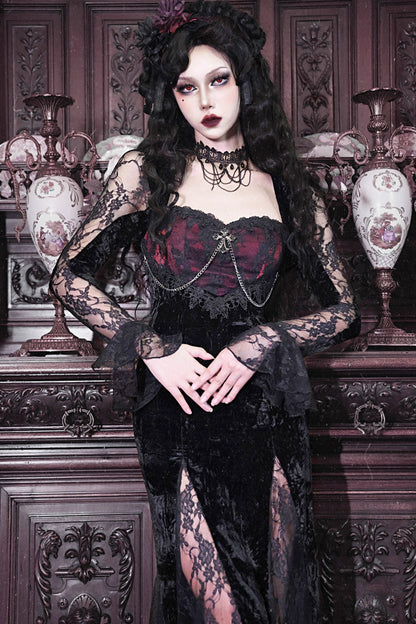 Black/Red [Rose Cemetery] Long Sleeves Lace Slim Gothic Lolita Fishtail Dress