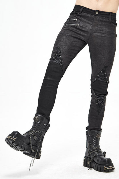 Black Punk Glued Fake Two Pieces Mens Pants