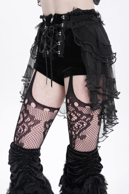 Black Ruffle Stitching Lace-Up Mesh Women's Gothic Shorts