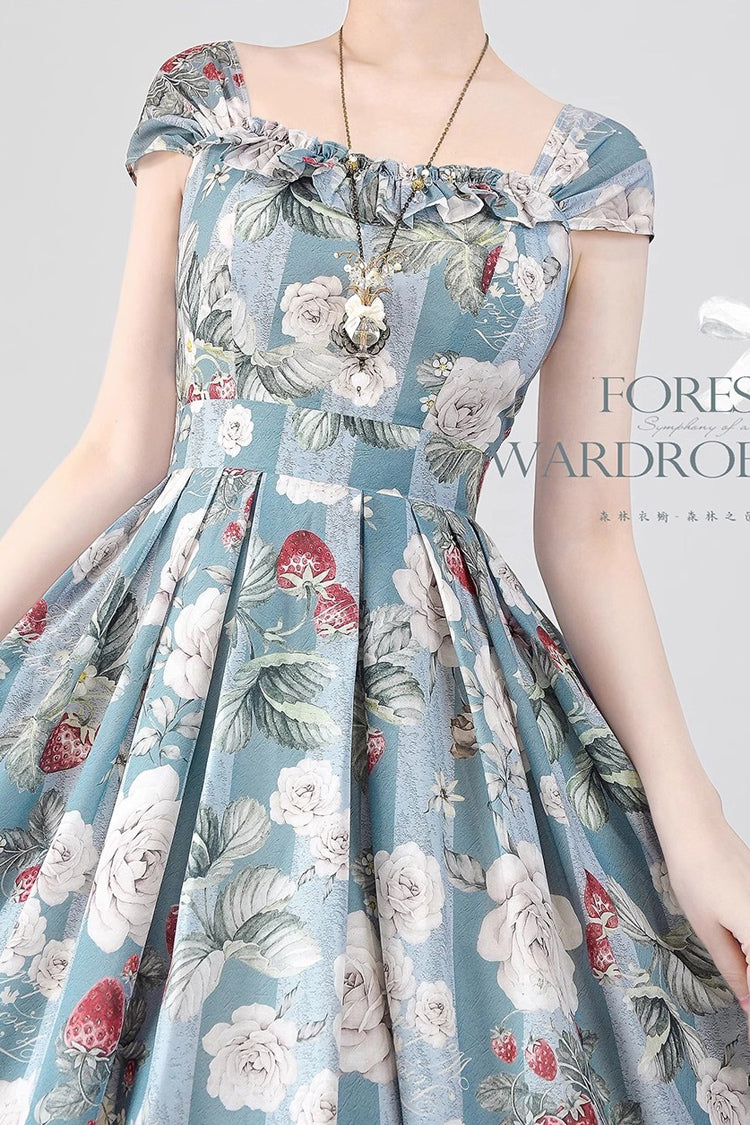 Blue/Green [Forest Basket] Sea Salt Rose Print Bowknot Chiffon Sweet Elegant Lolita Jsk Dress