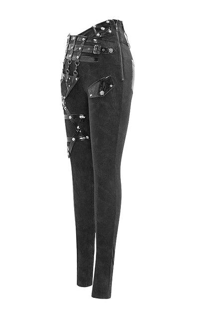 Black Punk Leather Loops Asymmetric Knitted Stretch Womens Pants