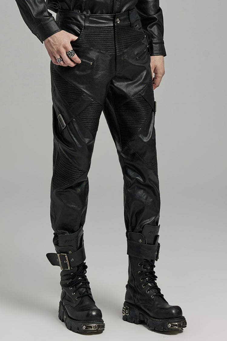 Black Zipper Men's Punk Faux Leather Pants