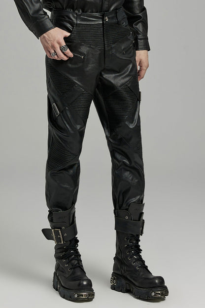 Black Zipper Men's Punk Faux Leather Pants