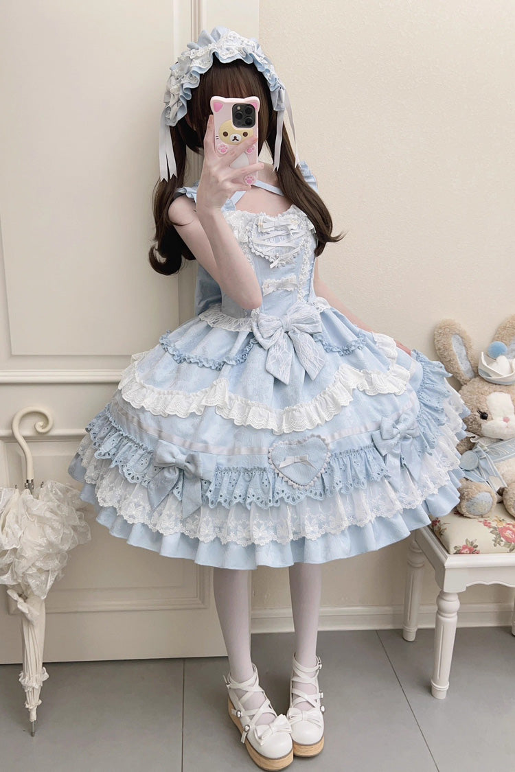 Blue [Super Cute Belia] Sleeveless Triple-Layered Ruffle Bowknot Lace Sweet Elegant Lolita Jsk Dress