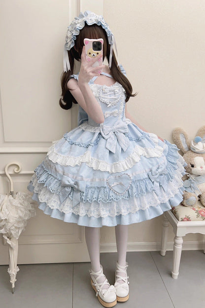 Blue [Super Cute Belia] Sleeveless Triple-Layered Ruffle Bowknot Lace Sweet Elegant Lolita Jsk Dress