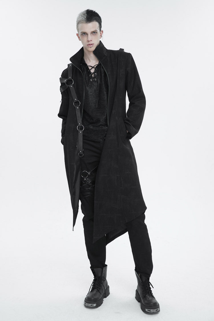 Black Stand Collar Asymmetric Hem Matching Shoulder Strap Long Men's Gothic Coat