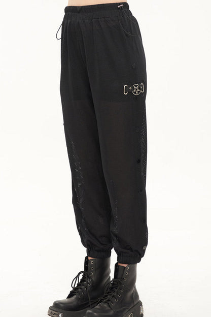 Black Punk Sports Style Metal Five-Star Decoration Trouser Leg Button Detachable Women's Long Pants
