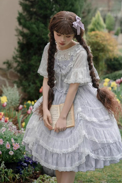 Blue Iris Love Multi-layer Jacquard Bowknot Sweet Elegant Princess Lolita Jsk Dress