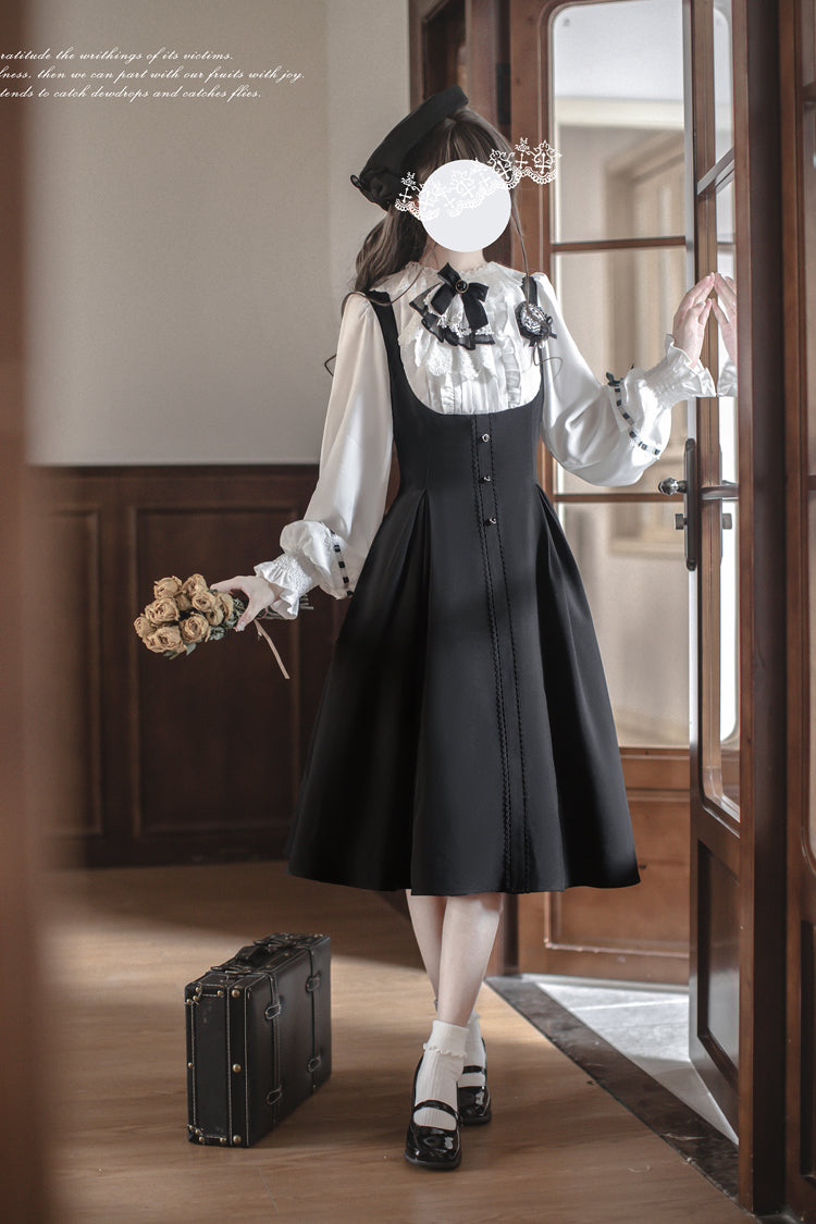Black/White [Sunset Academy] Long Sleeves Ruffle Bowknot Fake Two Pieces Vintage College Style Elegant Lolita Dress