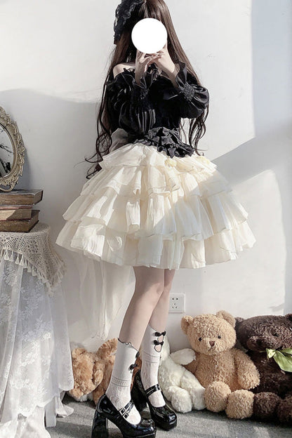 Black Top and Apricot Bowknot Sweet Princess Lolita Layered Skirt Dress