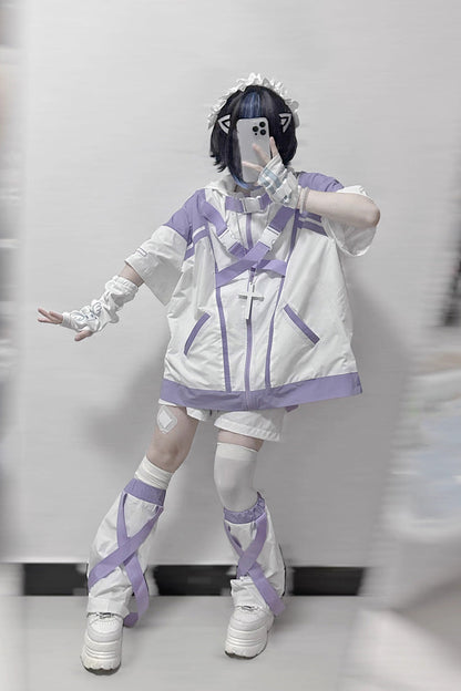 White/Purple Cyberpunk Functional Print Hooded Jirai Kei Japanese Sports Coat