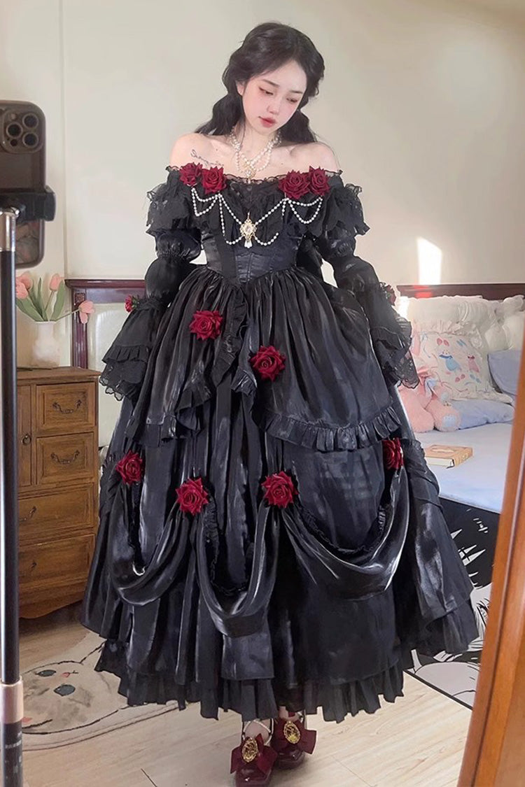 Black Tana Manor Rose Flower Long Sleeves Ruffle Bowknot Elegant Gothic Princess Lolita Strapless Dress