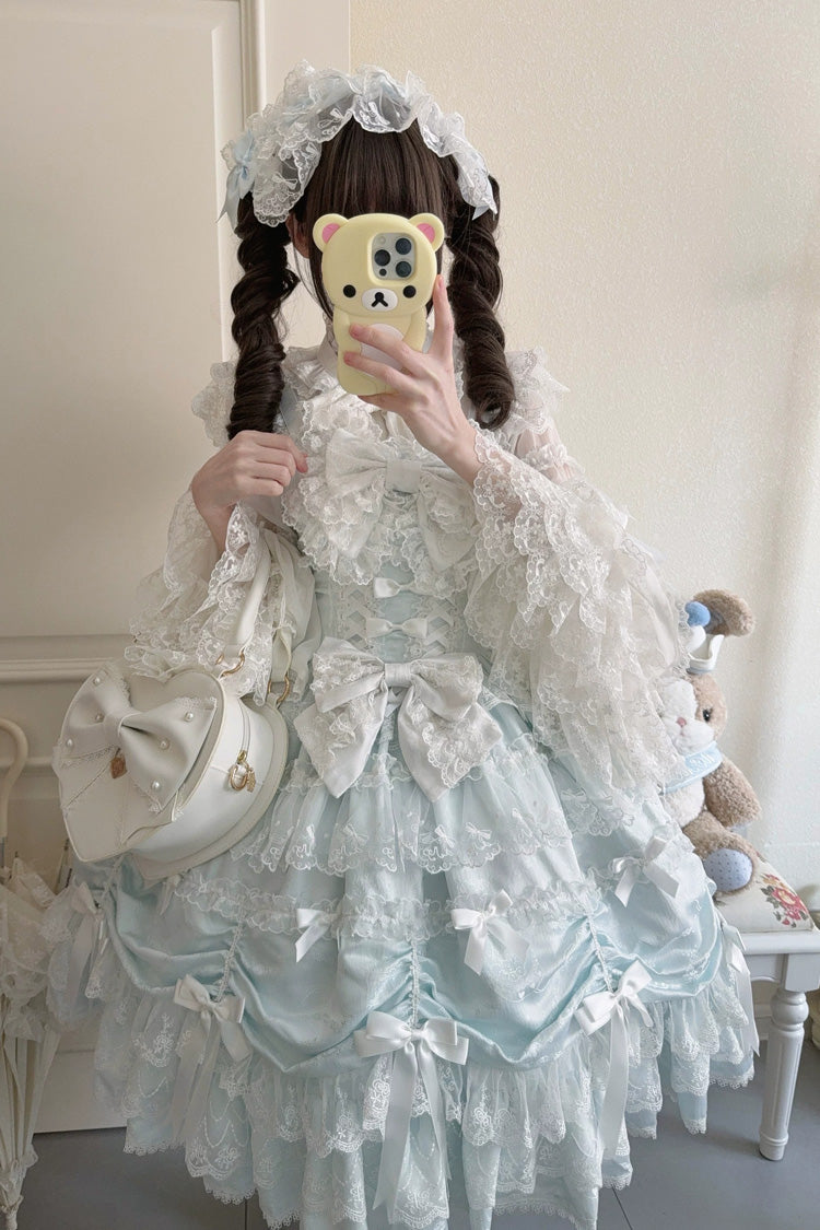 Blue [Silk Satin Gift Box] Square Collar Sleeveless Multi-Layered Ruffled Bow Lace Sweet Lolita Jsk Dress