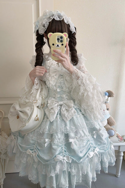 Blue [Silk Satin Gift Box] Square Collar Sleeveless Multi-Layered Ruffled Bow Lace Sweet Lolita Jsk Dress