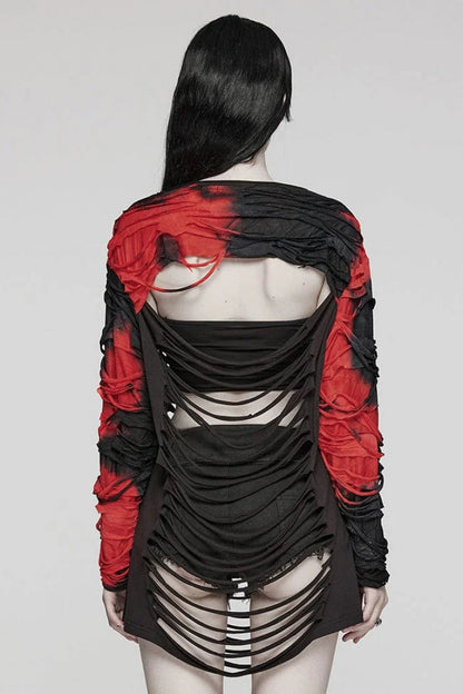 Red/Black Tie Dye Long Sleeves Hollow Womens Steampunk T-Shirt