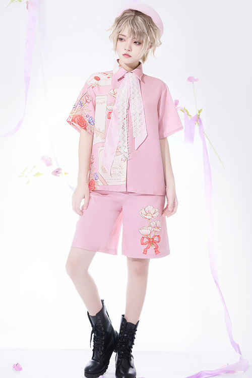 Pink Romance Print Lapel Collar loose Ouji Lolita Short Sleeves