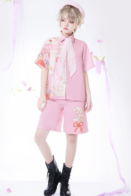 Pink Romance Print Lapel Collar loose Ouji Lolita Short Sleeves