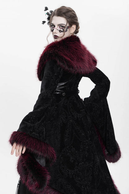 Red Long Sleeves Floral Embroidery Women's Gothic Fluffy Coat