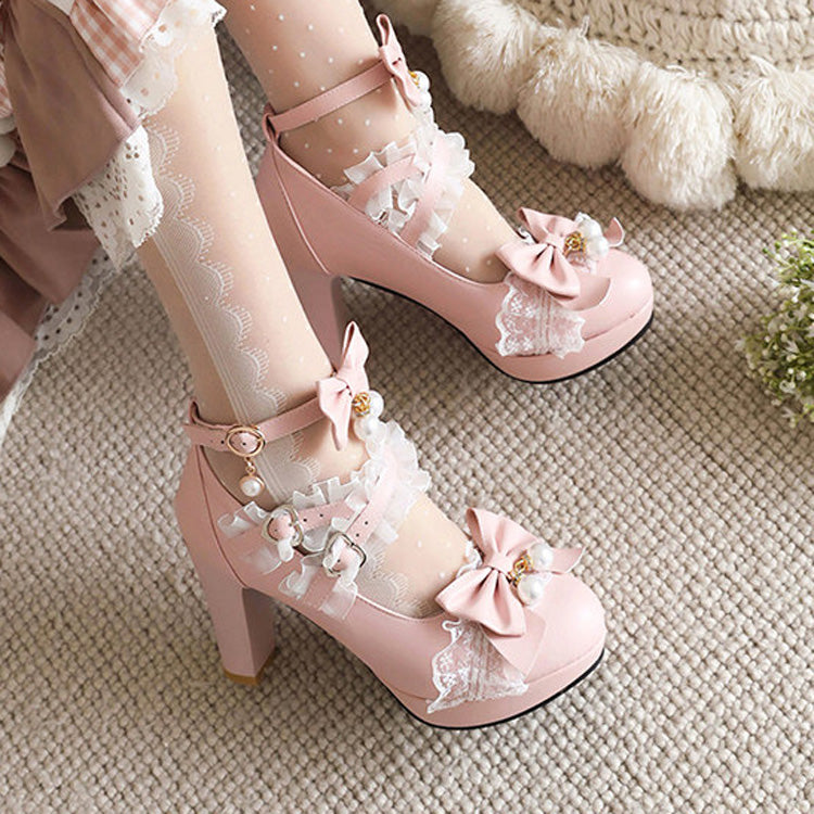 Sweet Ruffled Bow Lace Pearl-Decorated Lolita High Heels 6 Colors