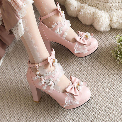 Sweet Ruffled Bow Lace Pearl-Decorated Lolita High Heels 6 Colors