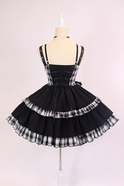 Black/White Plaid Print Color Contrast Leather Buckle Bowknot Ruffle Gothic Lolita JSK Dress