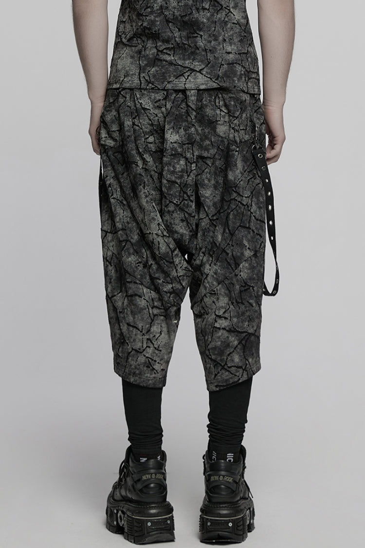 Black/Grey Tie-dyed Sagging Men's Punk Pants with Staps
