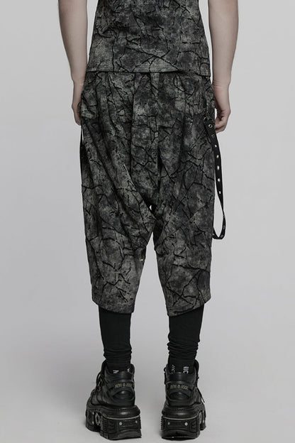 Black/Grey Tie-dyed Sagging Men's Punk Pants with Staps