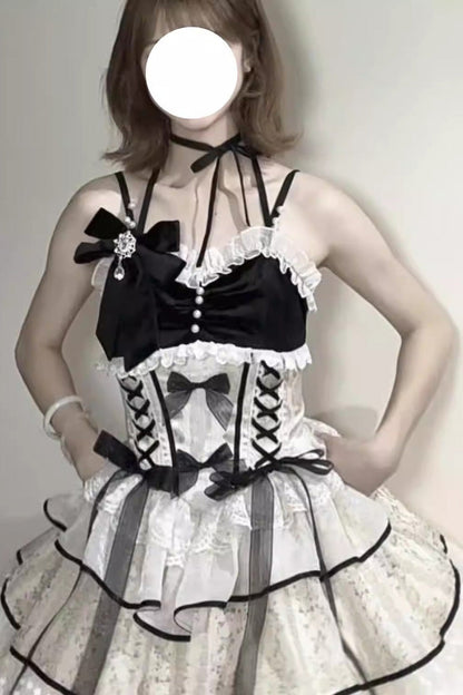 Black/Apricot [Holiday Ball] Sleeveless Multi-Layered Printed Ruffled Bow Lace Ballet Sweet Lolita Jsk Dress