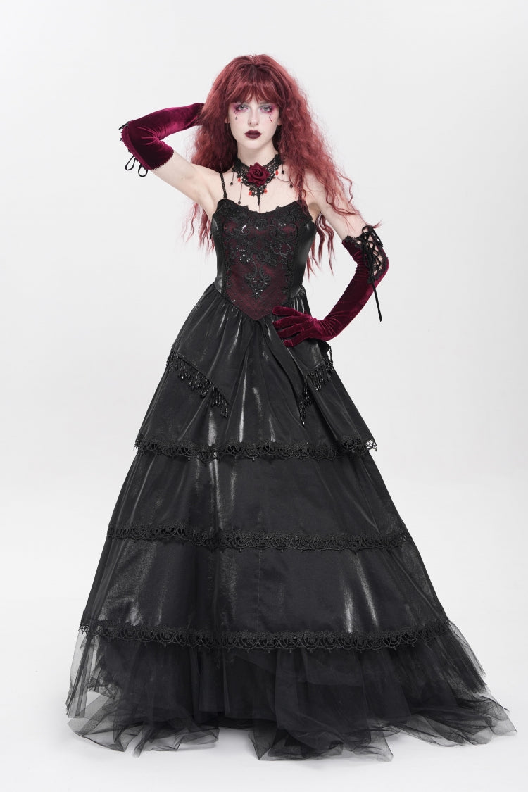 Black Sleeveless Multi-Layered Embroidery Pearl Women's Gothic Slip Dress
