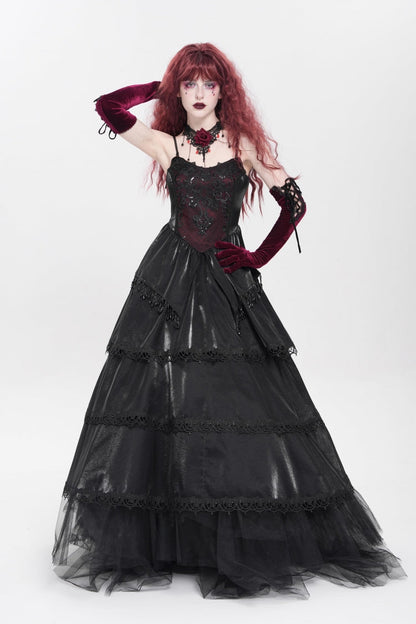 Black Sleeveless Multi-Layered Embroidery Pearl Women's Gothic Slip Dress