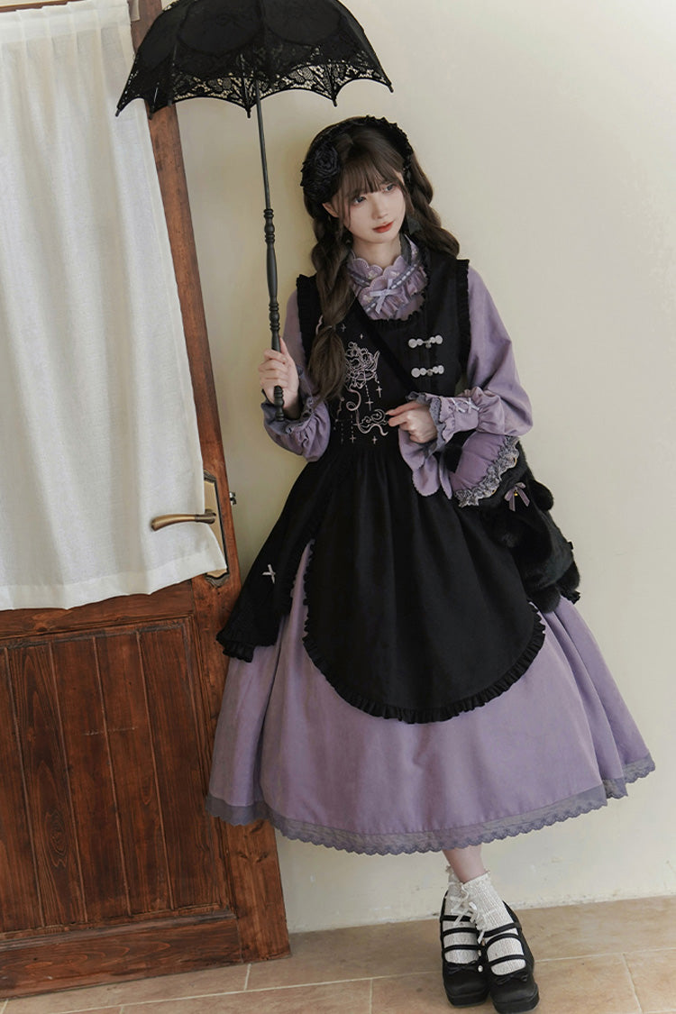 Black/Purple Petal Collar Drawstring Long Sleeves Embroidery Sweet Chinese Style Lolita Dress Two-piece Set