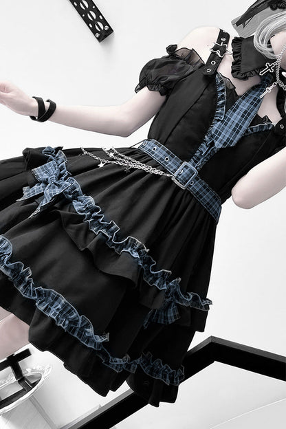 Black [Dark Night Starlight] Chain Ruffle Bowknot Lace Buckle Gothic College Style Lolita Dress Set