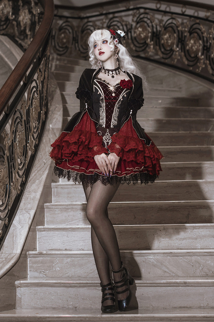 Black/Red [Blood Clan Feast] Ruffle Embroidery Lace Gothic Lolita Jsk Dress Set