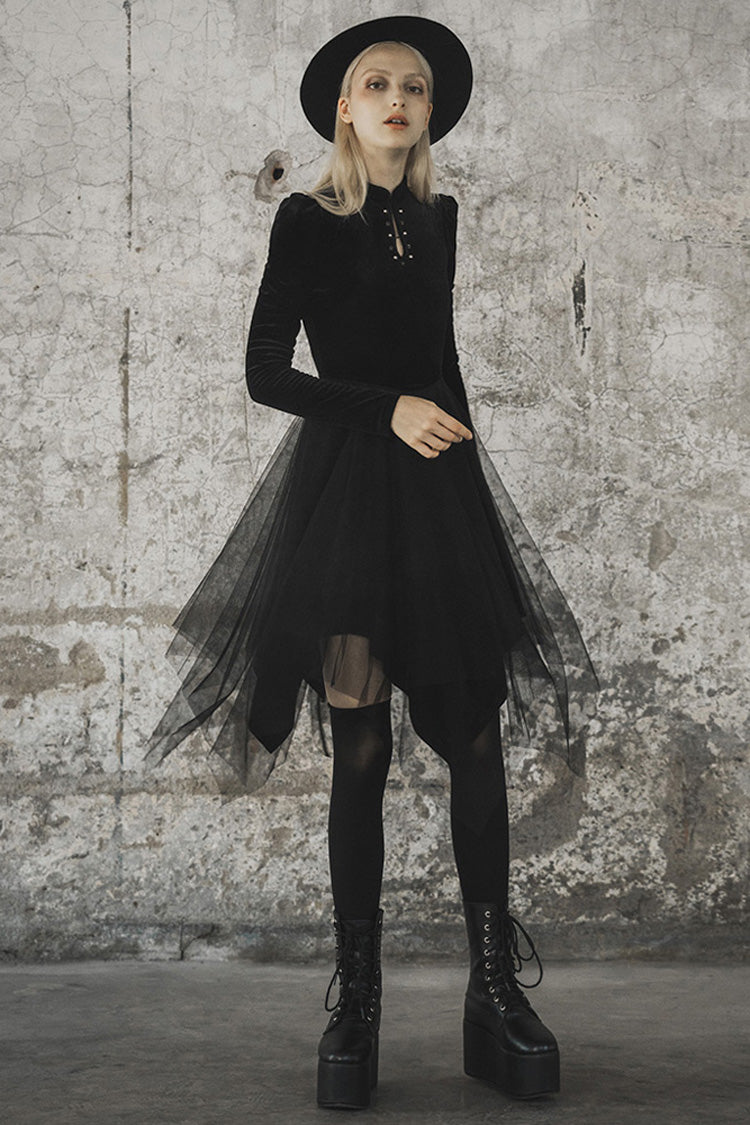 Black Velvet Mesh Stitching Elastic Women's Gothic Dress
