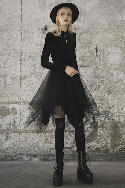 Black Velvet Mesh Stitching Elastic Women's Gothic Dress