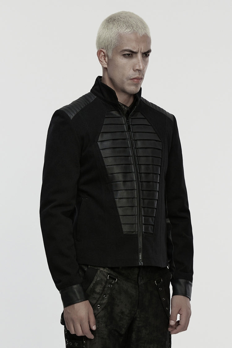 Black Stand Collar Long Sleeves Zipper Pleated Men's Punk Jacket