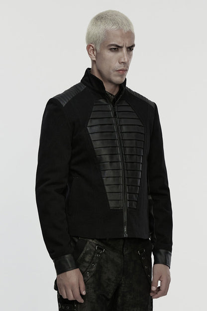 Black Stand Collar Long Sleeves Zipper Pleated Men's Punk Jacket