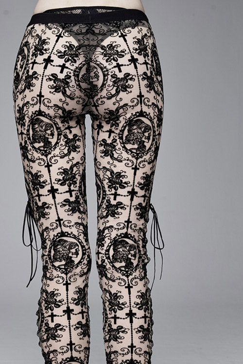 Brown Flocking Printing Mesh Side Lace Up Leggings Womens Pants