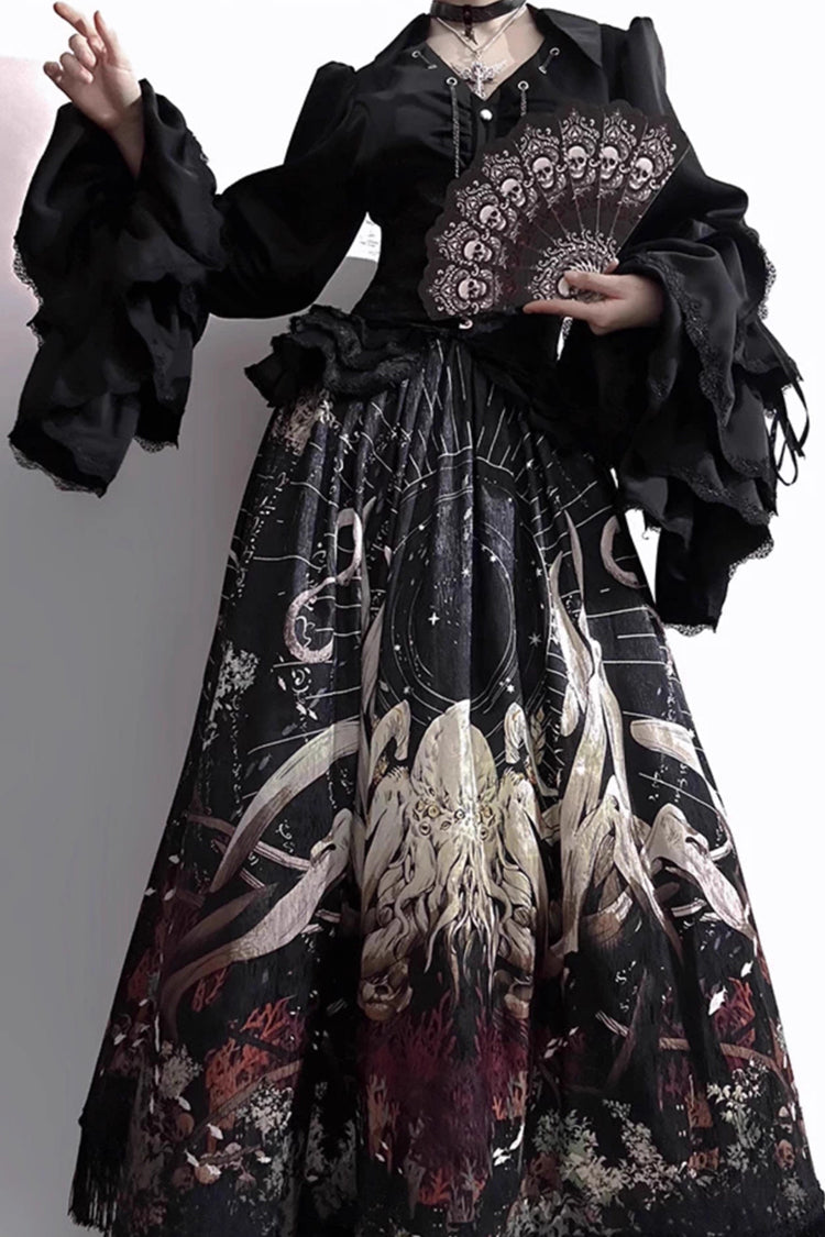 Black [Reborn Ancient God] Long Hime Sleeves Print Lace Gothic Lolita Skirt Dress Set