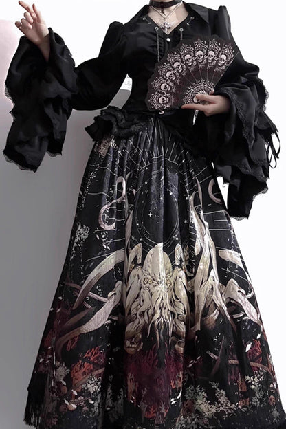 Black [Reborn Ancient God] Long Hime Sleeves Print Lace Gothic Lolita Skirt Dress Set