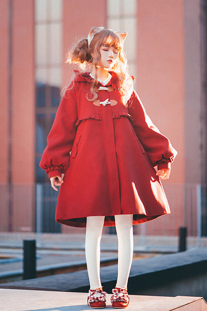 Red Cat Tail Long Sleeves Ruffle Bowknot Hooded Sweet Lolita Coat
