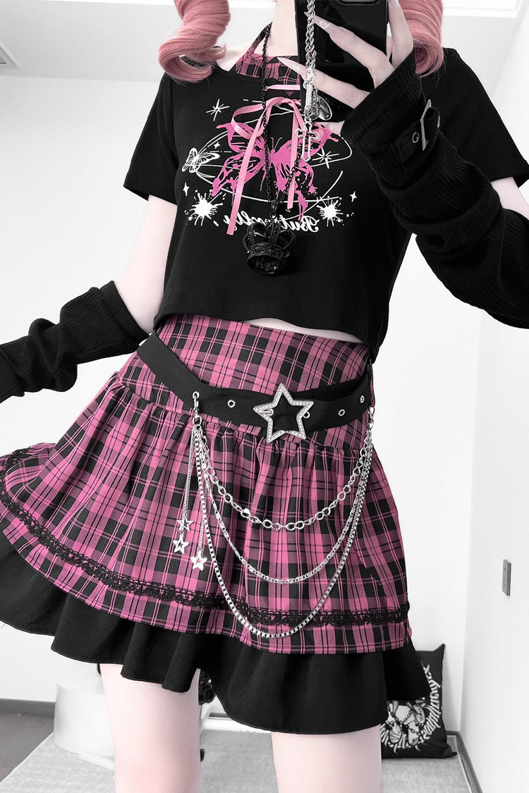 Black/Pink [Butterfly Chapter] Short Sleeves Print Gothic Jirai Kei Skirt Set