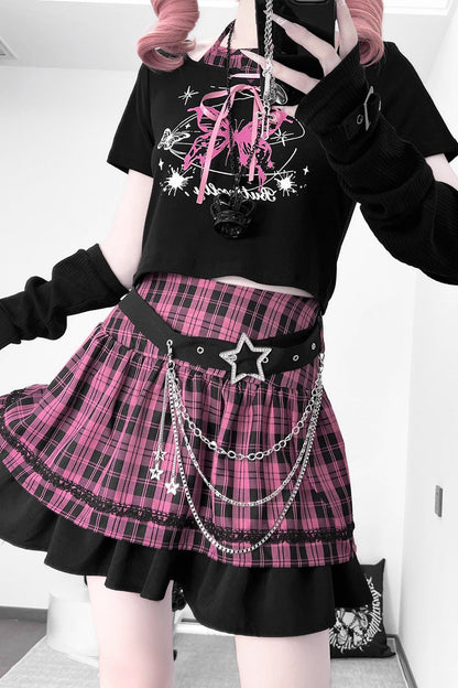 Black/Pink [Butterfly Chapter] Short Sleeves Print Gothic Jirai Kei Skirt Set