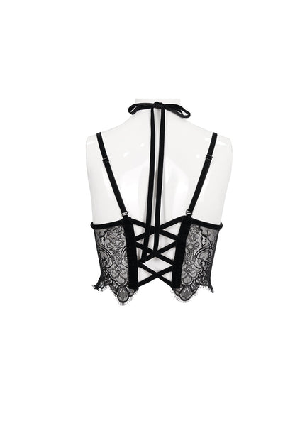 Red Velvet Chest Cutout Lace Hidden Side Zipper Sexy Women's Gothic Halter Lingerie