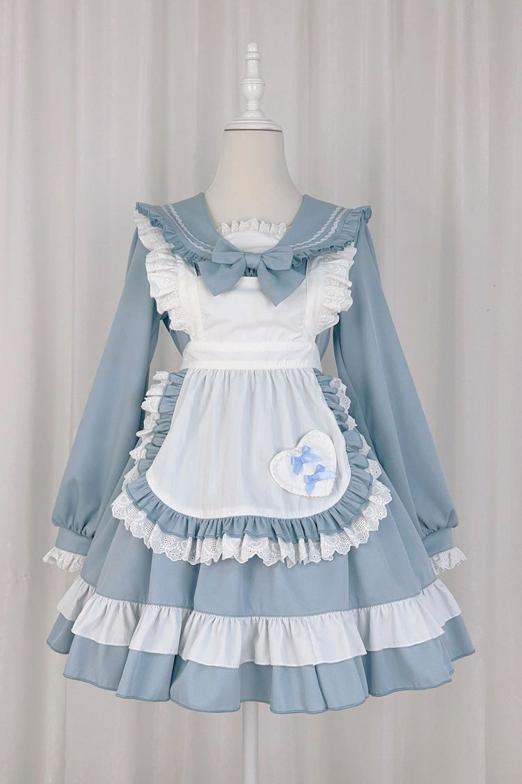 Blue Maid Long Sleeves Ruffle Bowknot Sweet College Style Lolita Dress 2 Colors