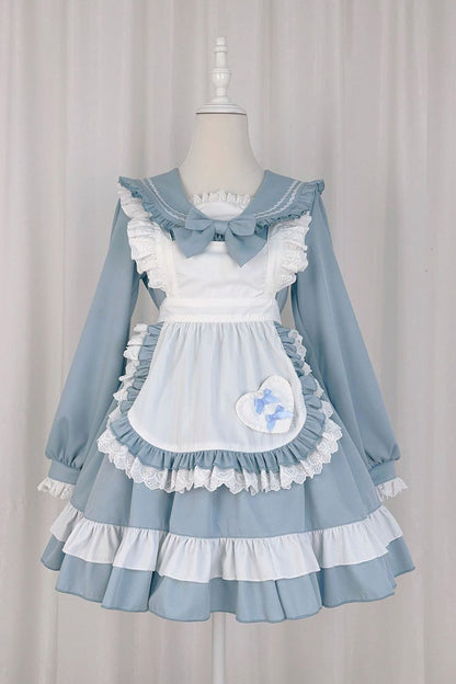 Blue Maid Long Sleeves Ruffle Bowknot Sweet College Style Lolita Dress 2 Colors