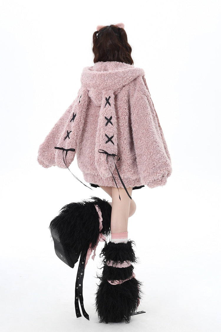 [Lace-Up Bunny Ears] Long Sleeves Hooded Plush-lined Zipper Sweet Lolita Coat 2 Colors