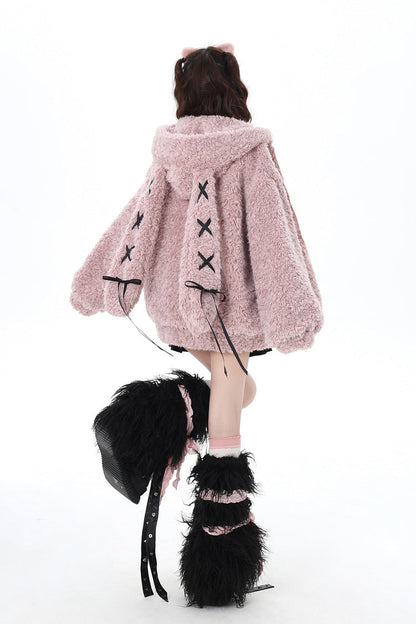 [Lace-Up Bunny Ears] Long Sleeves Hooded Plush-lined Zipper Sweet Lolita Coat 2 Colors
