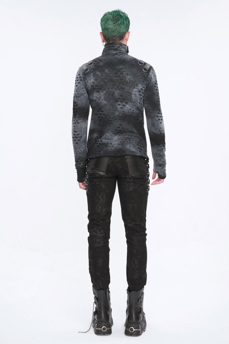 Grey/Black Lrregular Ripped Stand Collar Men's Punk Shirt