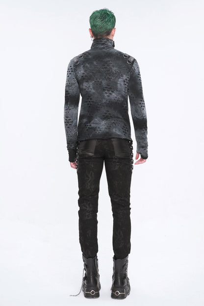 Grey/Black Lrregular Ripped Stand Collar Men's Punk Shirt